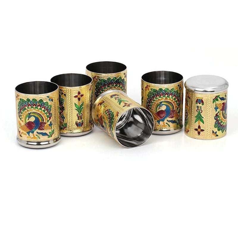DIGIDEAL of 6 Stain Less Steel Glass Indian Hand Made Meena Work Peacock Design Golden Silver Color Diwali Christmas Tumbler Gift Set Item Golden - Image 2