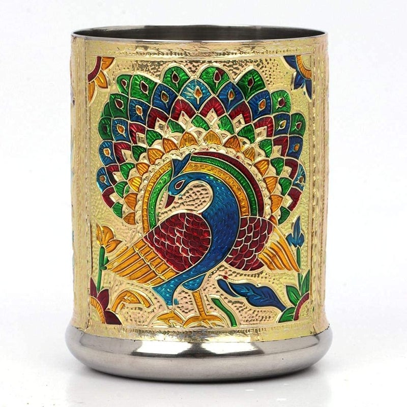 DIGIDEAL of 6 Stain Less Steel Glass Indian Hand Made Meena Work Peacock Design Golden Silver Color Diwali Christmas Tumbler Gift Set Item Golden - Image 5
