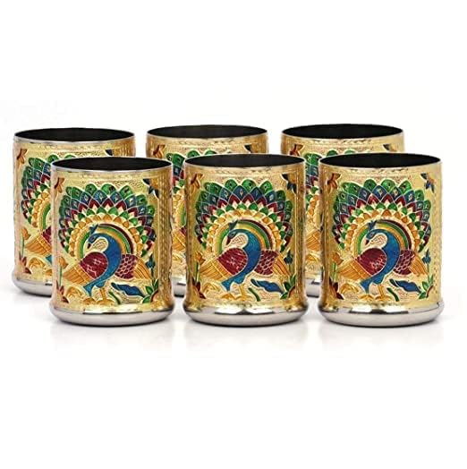 DIGIDEAL of 6 Stain Less Steel Glass Indian Hand Made Meena Work Peacock Design Golden Silver Color Diwali Christmas Tumbler Gift Set Item Golden - Image 3