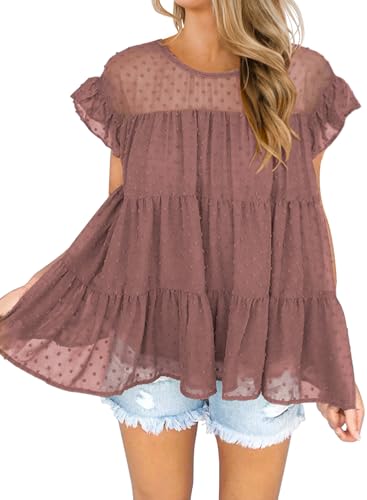 DOROSE Women Tops Blouse Babydoll Top Peplum Sleeveless Ruffle Dress Shirts(Maroon, Large) - Image 1