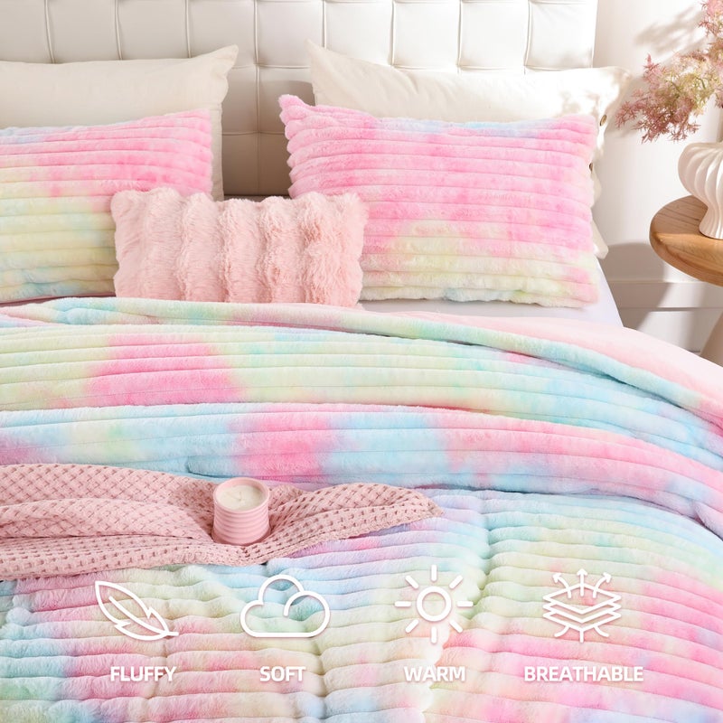 Smoofy Fluffy Queen Size Comforter Set 3 Pieces - Rainbow Fleece Fluffy Comforter Set, Luxury Fuzzy Queen Bedding Set, Soft Warm Queen Bed Set All Season, Heavy Faux Fur Comforter with 2 Pillow Cases - Image 2