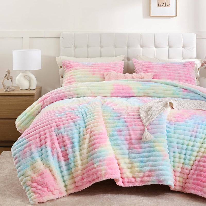 Smoofy Fluffy Queen Size Comforter Set 3 Pieces - Rainbow Fleece Fluffy Comforter Set, Luxury Fuzzy Queen Bedding Set, Soft Warm Queen Bed Set All Season, Heavy Faux Fur Comforter with 2 Pillow Cases - Image 1
