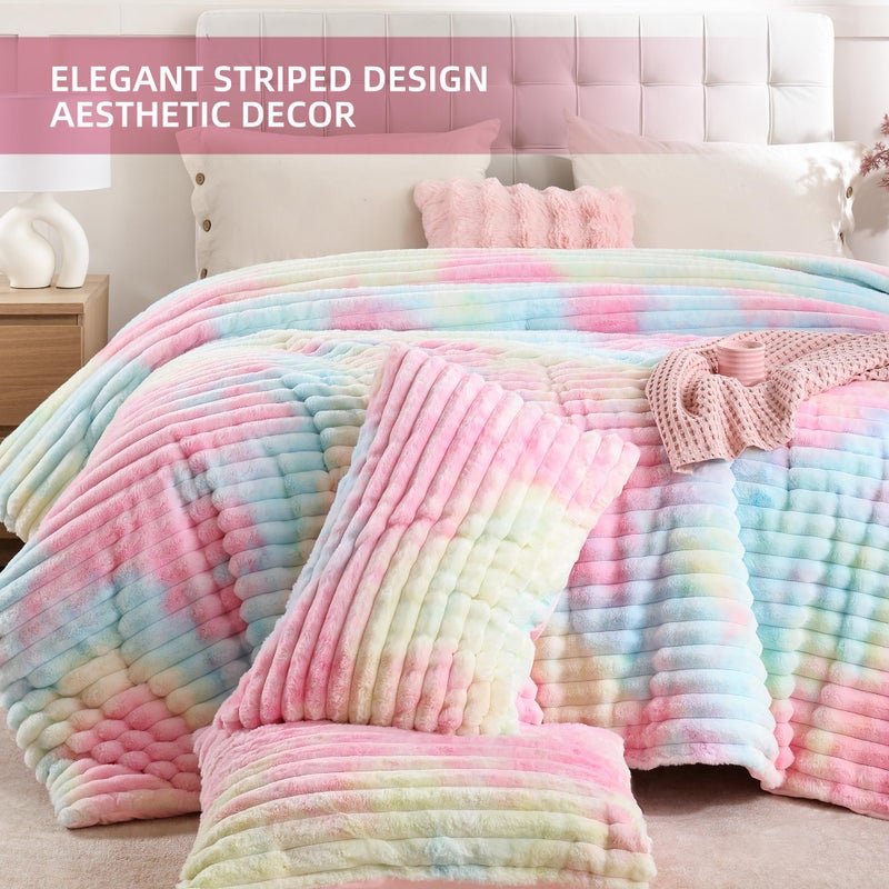 Smoofy Fluffy Queen Size Comforter Set 3 Pieces - Rainbow Fleece Fluffy Comforter Set, Luxury Fuzzy Queen Bedding Set, Soft Warm Queen Bed Set All Season, Heavy Faux Fur Comforter with 2 Pillow Cases - Image 3