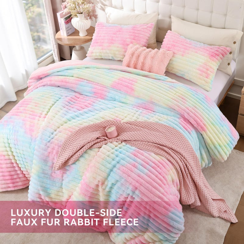 Smoofy Fluffy Queen Size Comforter Set 3 Pieces - Rainbow Fleece Fluffy Comforter Set, Luxury Fuzzy Queen Bedding Set, Soft Warm Queen Bed Set All Season, Heavy Faux Fur Comforter with 2 Pillow Cases - Image 4
