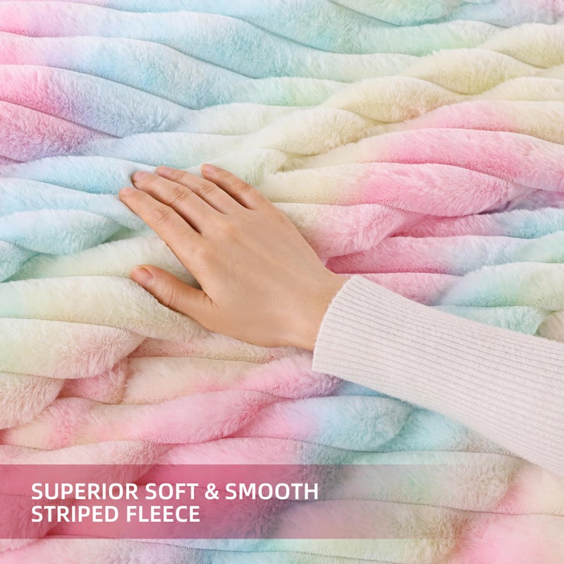 Smoofy Fluffy Queen Size Comforter Set 3 Pieces - Rainbow Fleece Fluffy Comforter Set, Luxury Fuzzy Queen Bedding Set, Soft Warm Queen Bed Set All Season, Heavy Faux Fur Comforter with 2 Pillow Cases - Image 5