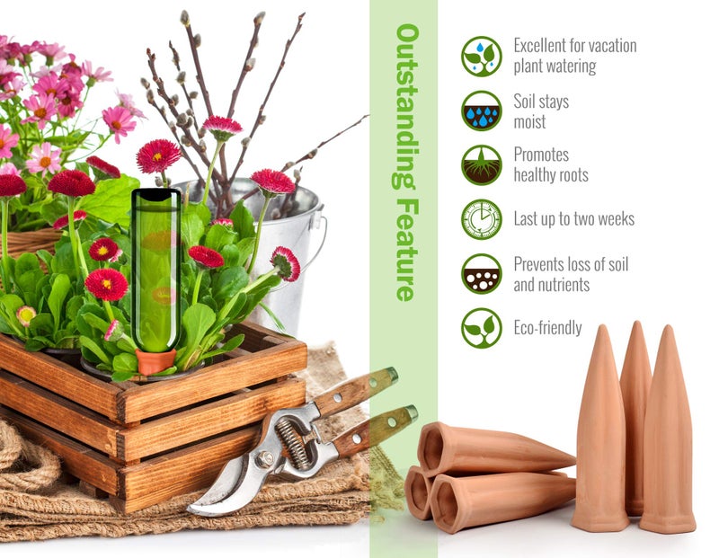 B SEPOR Ceramic Plant Waterer Set of 6 Pack Terracotta Self Watering Spikes,Wine Bottle Plant Watering Devices for Vacation (6Pack) - Image 2