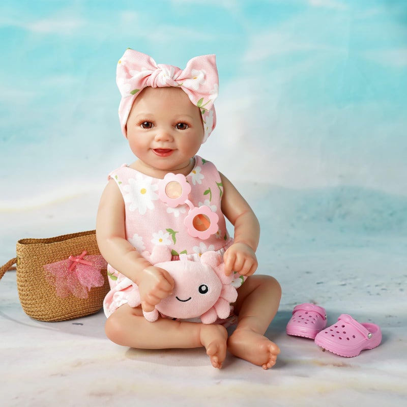 BABESIDE 16-20 Inch Reborn Baby Doll Clothes Set with 16 Inch Doll Shoes for Reborn Dolls, Summer Floral Babydoll Clothes with Bag Headband for Realistic Baby Dolls Accessories, Pink - Image 5