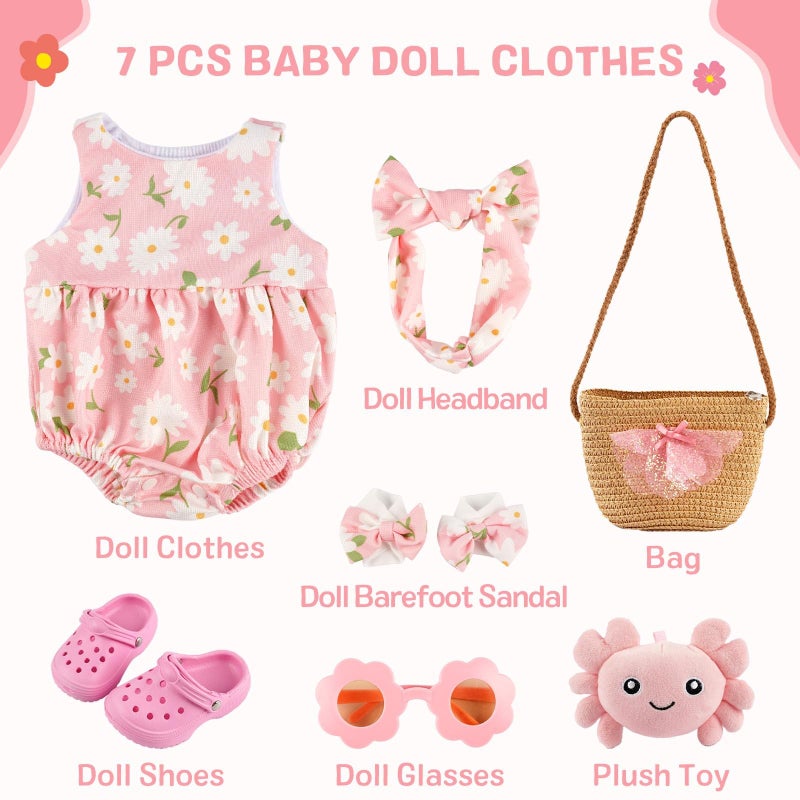 BABESIDE 16-20 Inch Reborn Baby Doll Clothes Set with 16 Inch Doll Shoes for Reborn Dolls, Summer Floral Babydoll Clothes with Bag Headband for Realistic Baby Dolls Accessories, Pink - Image 4