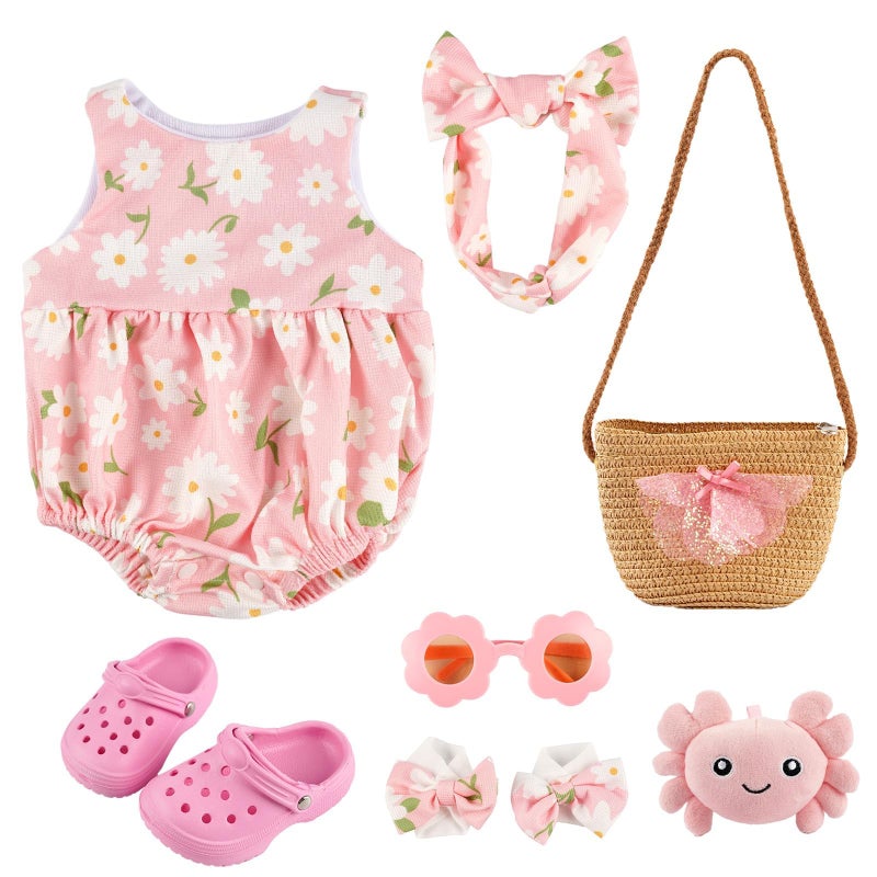 BABESIDE 16-20 Inch Reborn Baby Doll Clothes Set with 16 Inch Doll Shoes for Reborn Dolls, Summer Floral Babydoll Clothes with Bag Headband for Realistic Baby Dolls Accessories, Pink - Image 1