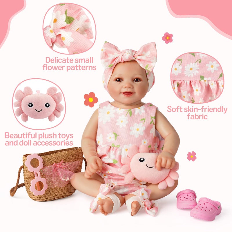 BABESIDE 16-20 Inch Reborn Baby Doll Clothes Set with 16 Inch Doll Shoes for Reborn Dolls, Summer Floral Babydoll Clothes with Bag Headband for Realistic Baby Dolls Accessories, Pink - Image 2