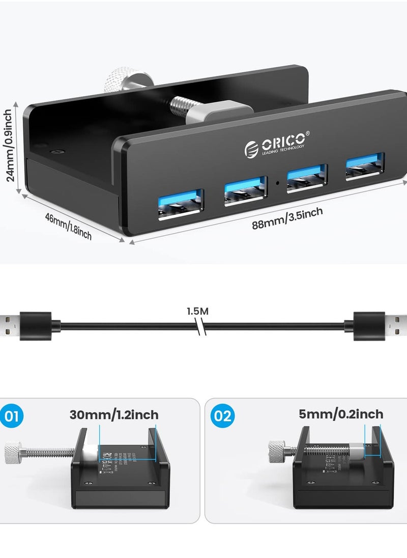 Orico - ORICO USB 3.0 Hub, USB Hub Clamp, Aluminum 4-Port USB Splitter with Extra Power Supply Port and 4.92 FT USB A to USB A and USB A to USB C Cable, Desktop Powered USB Hub for Monitors/Desks-Silver - Image 1
