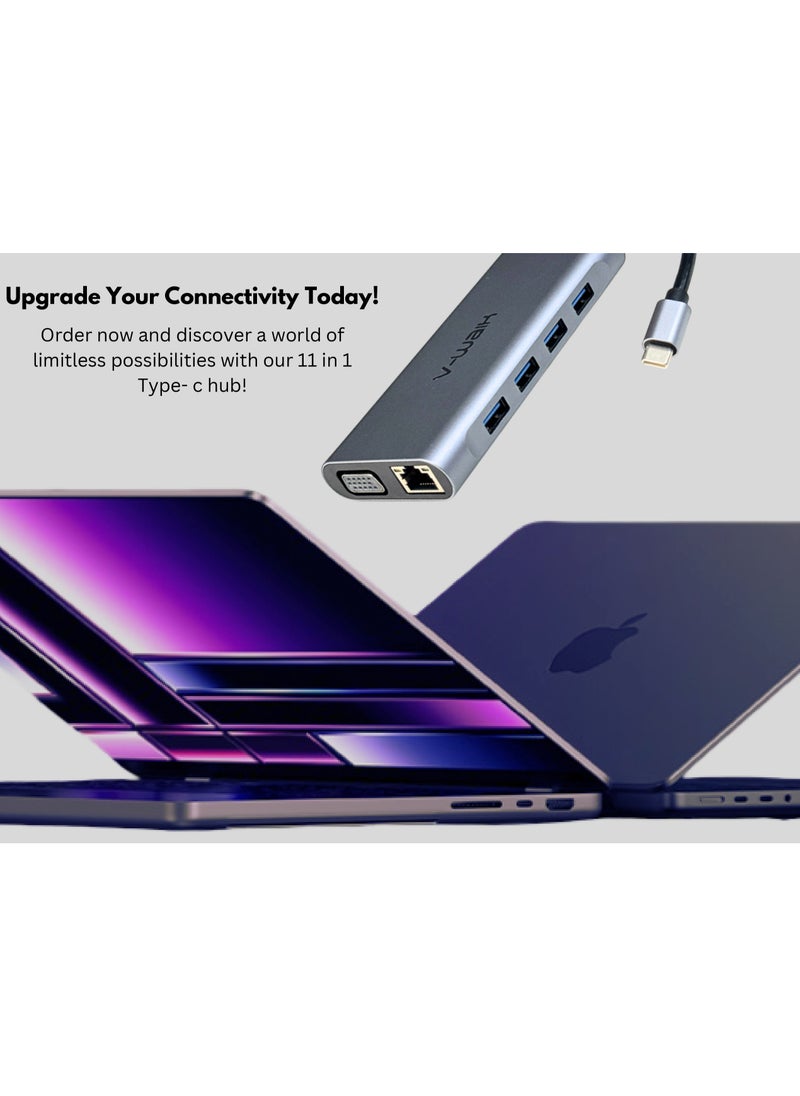 11 in 1 USB C Type HUB, USB C Adapter 11 in 1 Dongle with 4K HDMI, VGA, Type C PD, USB 3.0, RJ45 Ethernet, SD/TF Card Reader, 3.5 mm AUX, Docking Station