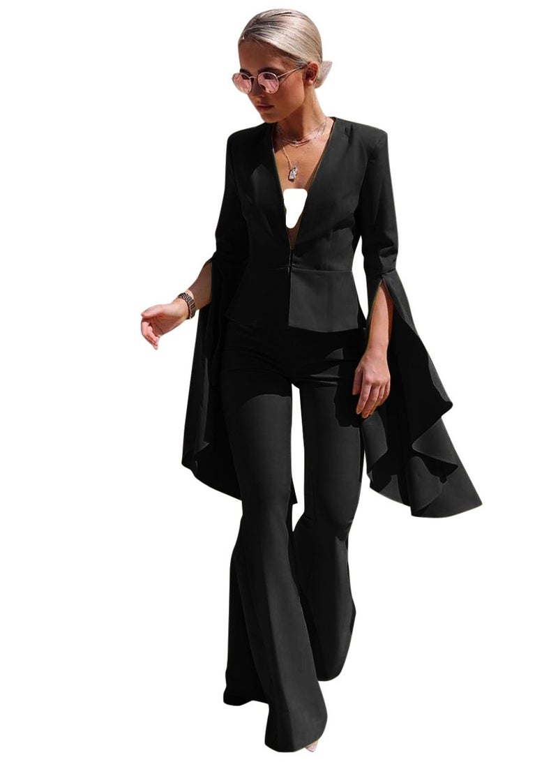Shougu Fashionable Irregular Sleeve Flared Pants Suit Set  - Image 1