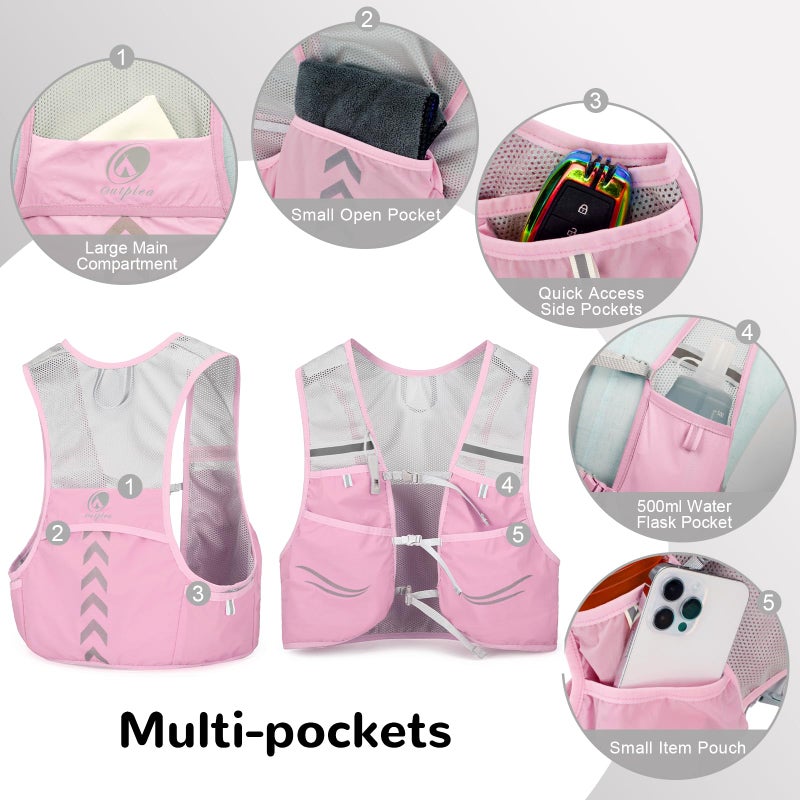 Outplea Lightweight Running Vest with 2pcs 500ml Water Bottle for Women, Reflective Quick Dry Water Vest Hydration Pack, Hydropack Backpack Daypack for Runners Hiking Cycling Marathon, Pink - Image 4