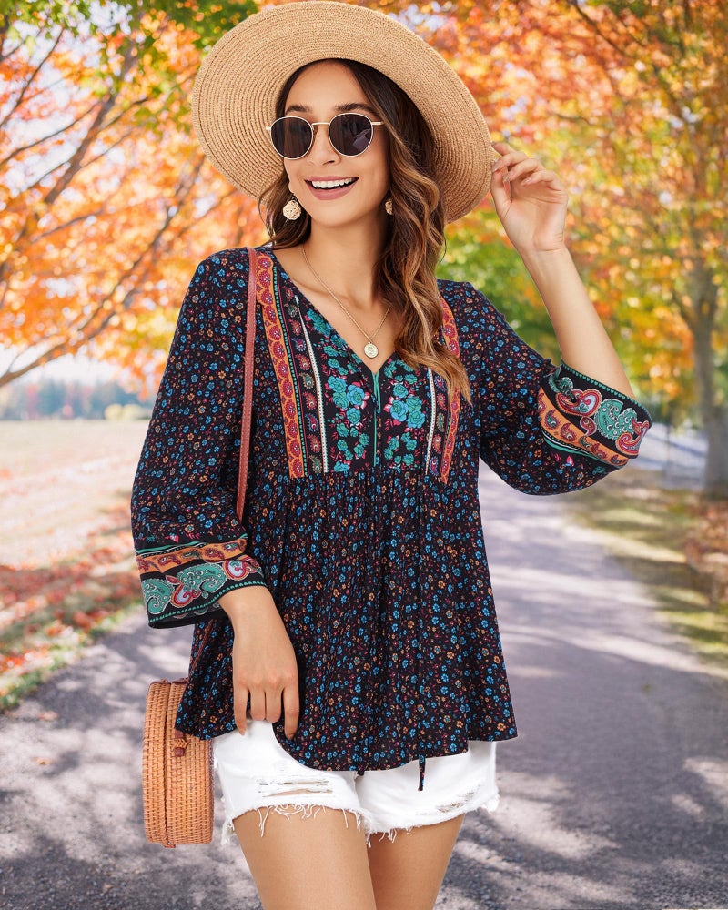 Unixseque Casual Tops for Women: Womens 3/4 Sleeve Summer V Neck Floral - Womens Blouses Dressy - Flowy Business Trendy Fall Outfits for Women Vacation Top Black - Image 3