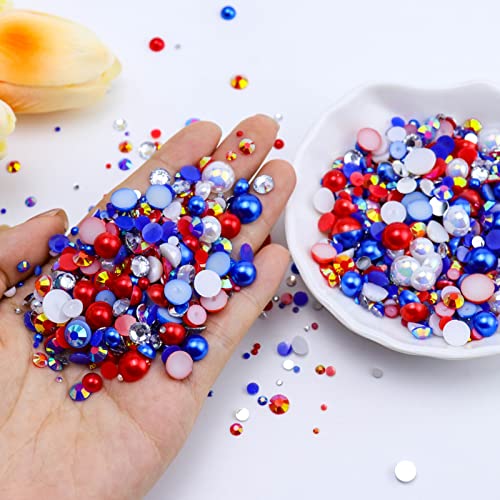 Briskbloom 60g Mix Flatback Pearls and Flatback Rhinestones for Crafts, 2mm-10mm Pearl Rhinestones for Nails Face Art Tumblers, Jelly Rhinestones and Half Pearls, with Tweezers Wax Pen, White|Red|Blue - Image 2