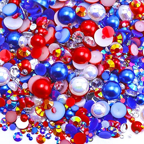 Briskbloom 60g Mix Flatback Pearls and Flatback Rhinestones for Crafts, 2mm-10mm Pearl Rhinestones for Nails Face Art Tumblers, Jelly Rhinestones and Half Pearls, with Tweezers Wax Pen, White|Red|Blue - Image 1