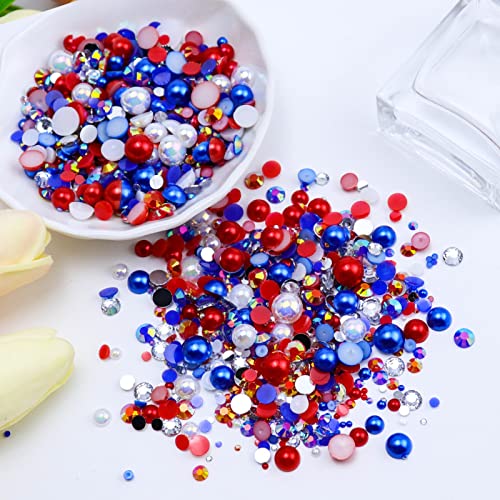 Briskbloom 60g Mix Flatback Pearls and Flatback Rhinestones for Crafts, 2mm-10mm Pearl Rhinestones for Nails Face Art Tumblers, Jelly Rhinestones and Half Pearls, with Tweezers Wax Pen, White|Red|Blue - Image 3