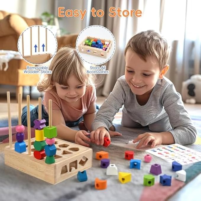 3 IN 1 MONTESSORI WOODEN SORTING AND LACING TOY SET, GEOMETRIC SHAPE MATCHING BEADS SEQUENCING GAME FOR TODDLERS, COLOR SORTING STACKING FINE MOTOR SKILLS LEARNING TOYS FOR KIDS AGE 3+ - Image 4