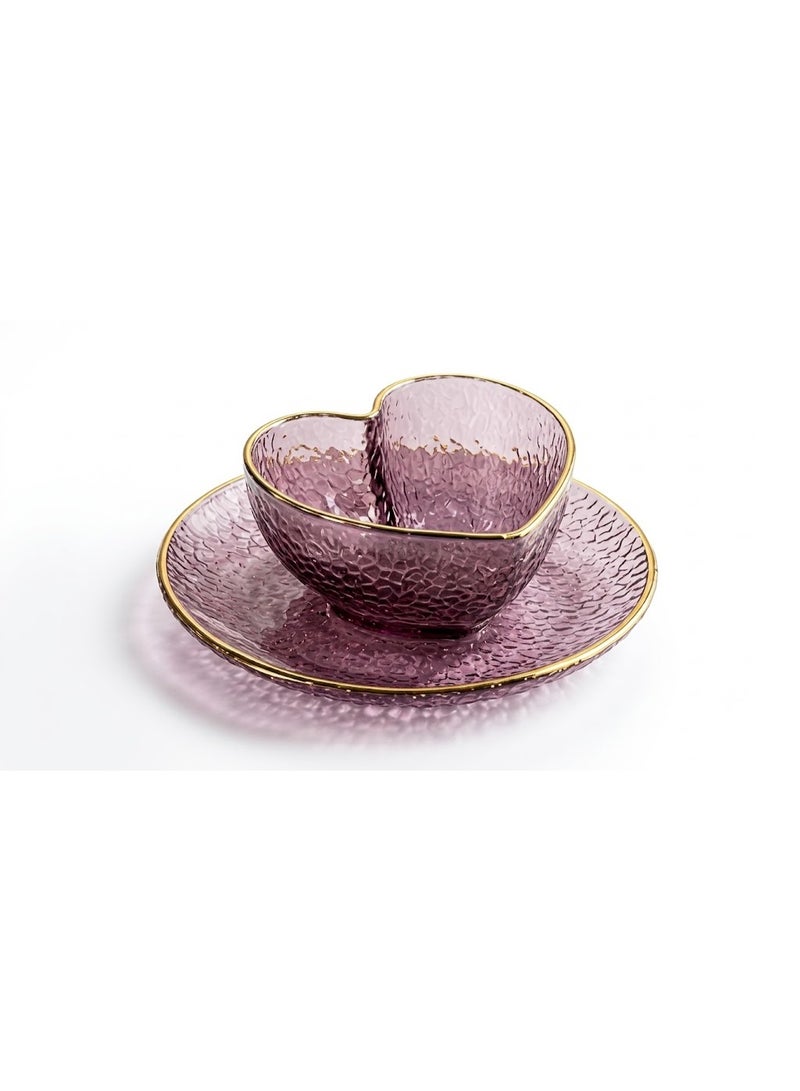2-Piece Heart-Shaped Textured Glass Bowl and Saucer Set with Elegant Gold Rim