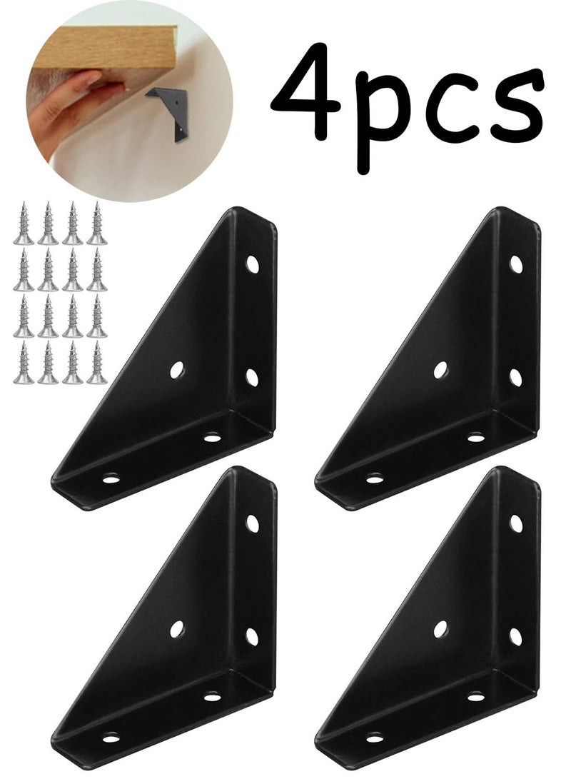 4Pcs Triangle Corner Braces Brackets, Black Angle Shelf Brackets with Screws, Steel Braces Joining Support Joint Fasteners for Table, Chair Cabinet Bed(Color:Black) - Image 1
