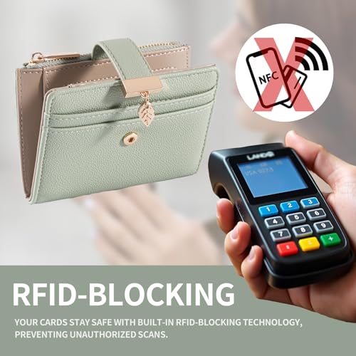 Pomelo Best Small Wallet Women RFID Blocking Bifold Soft Leather Card Holder with ID Window Zipper Coin Pocket Wallets for Women Green - Image 4