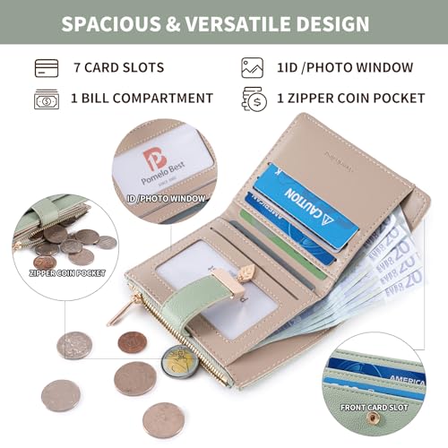 Pomelo Best Small Wallet Women RFID Blocking Bifold Soft Leather Card Holder with ID Window Zipper Coin Pocket Wallets for Women Green - Image 2
