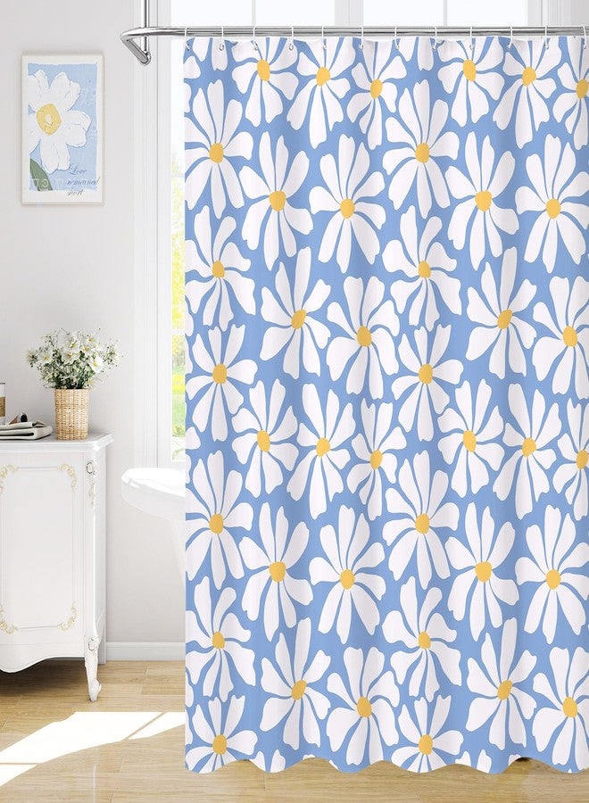 Litabel Blue Daisy Floral Shower Curtain, Boho Spring Flower Shower Curtain for Girly Bathroom, Modern Minimalist White Waterproof Fabric Shower Curtain Set, 72x72 Inch - Image 1