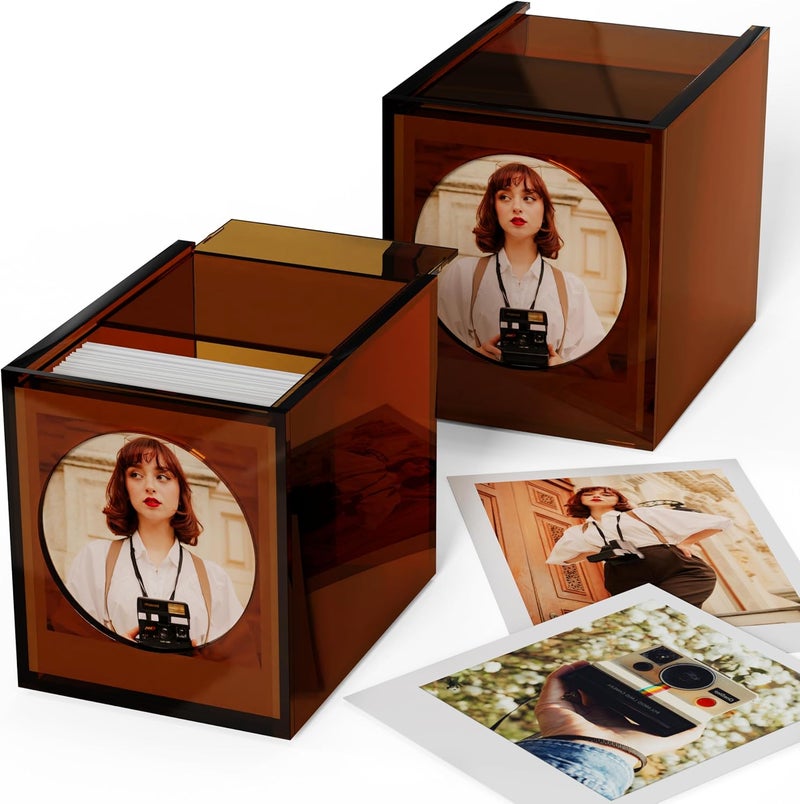 WINKINE Acrylic Polaroid Photo Storage Box & Frame, Photo Frame for Film 4.2’’x3.5’’ with Sliding Lid, Polaroid Storage Box for i-Type/600/SX-70/Instax Square Films, Amber, 2 Pack - Image 1