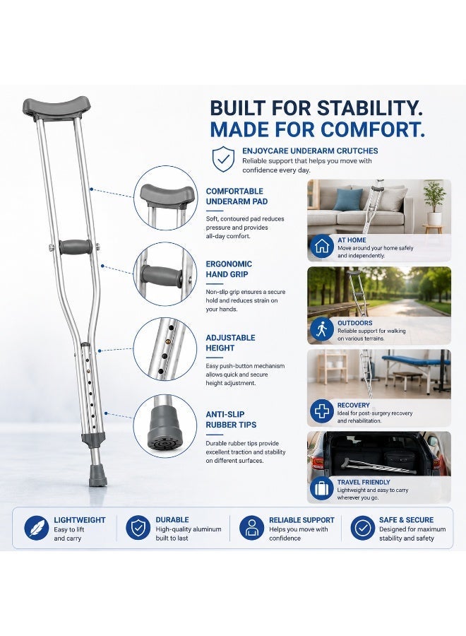 EnjoyCare EK312 Adjustable Underarm Crutches – Lightweight Aluminum, Height Adjustable Mobility Support (Pair) - Image 3