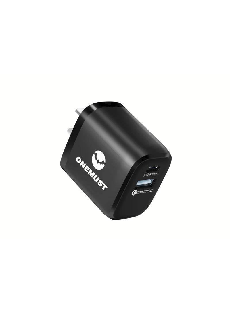 وان ماست شاحن حائط ONEMUST OM-A05 سريع ثنائي المنفذ 38 واط، USB-A شحن سريع 5.0 و Type-C PD 20 واط - Image 1