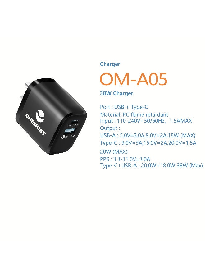 وان ماست شاحن حائط ONEMUST OM-A05 سريع ثنائي المنفذ 38 واط، USB-A شحن سريع 5.0 و Type-C PD 20 واط - Image 2