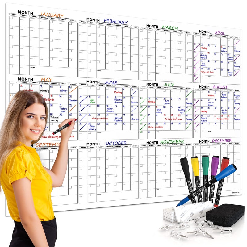 Scribbledo Large 36x48 White Board Calendar for Wall 12 Month Planner Board Big Dry Erase Wall Calendar 2025 Monthly Large Includes 6 Markers Eraser Push Pins Mounting Tape