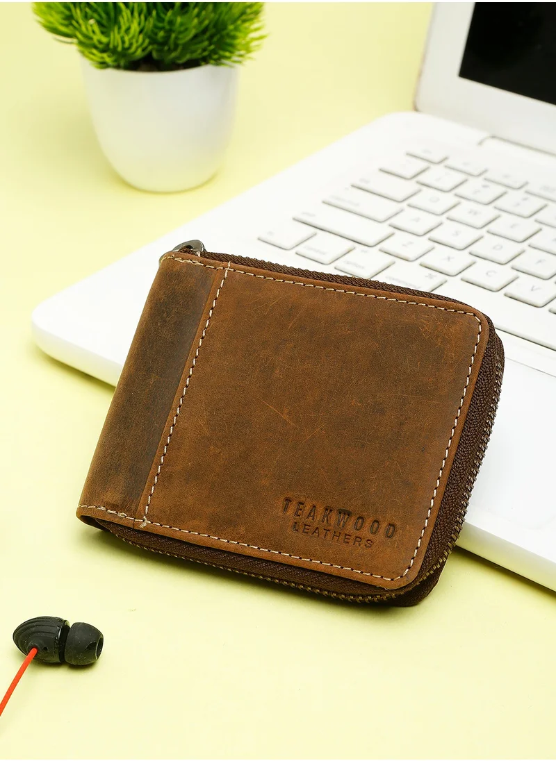 تيك وود Genuine Leather RFID Solid Zip Around Brown Wallet for Men