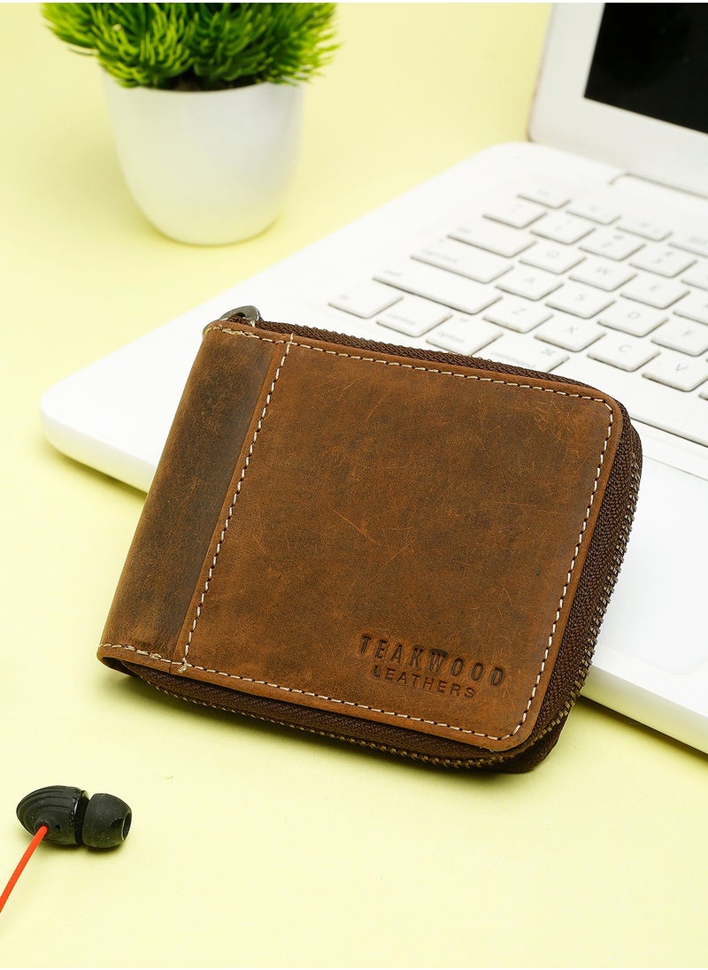 TEAKWOOD Genuine Leather RFID Solid Zip Around Brown Wallet for Men  - Image 1