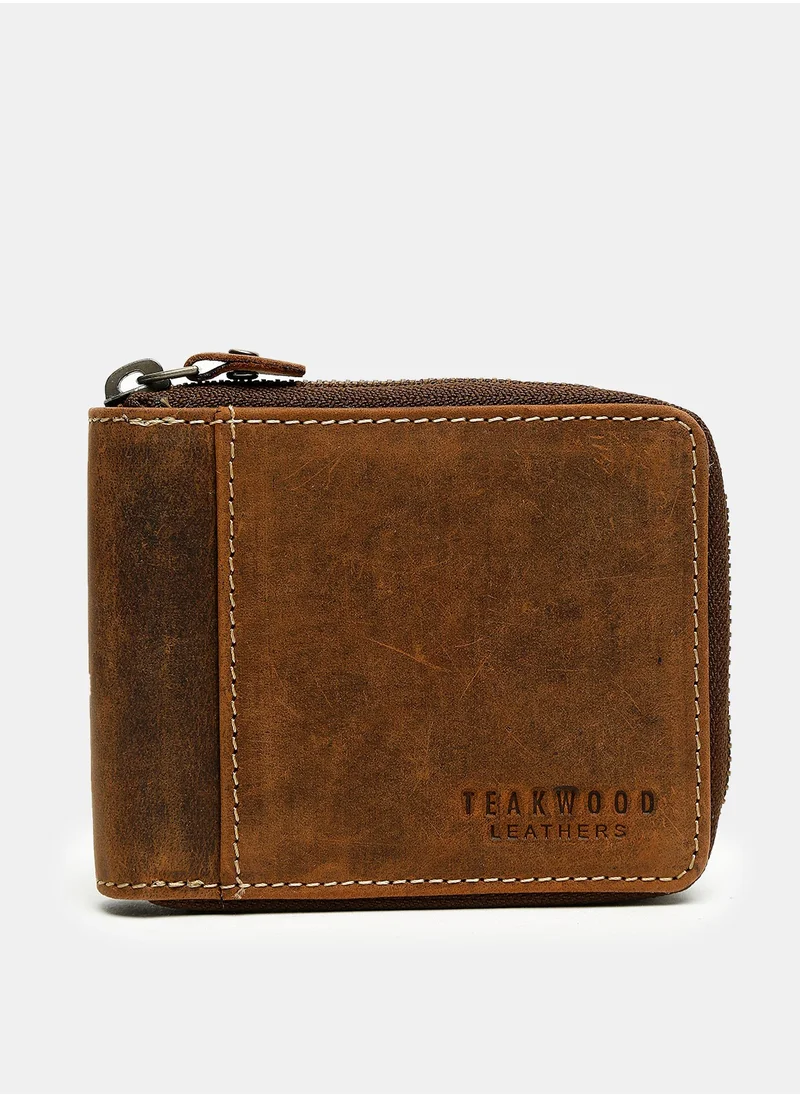 TEAKWOOD Genuine Leather RFID Solid Zip Around Brown Wallet for Men