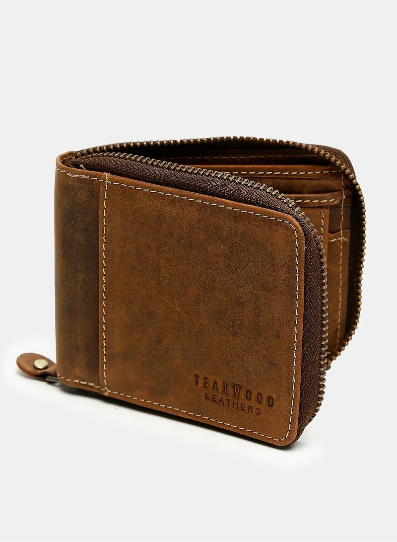 TEAKWOOD Genuine Leather RFID Solid Zip Around Brown Wallet for Men