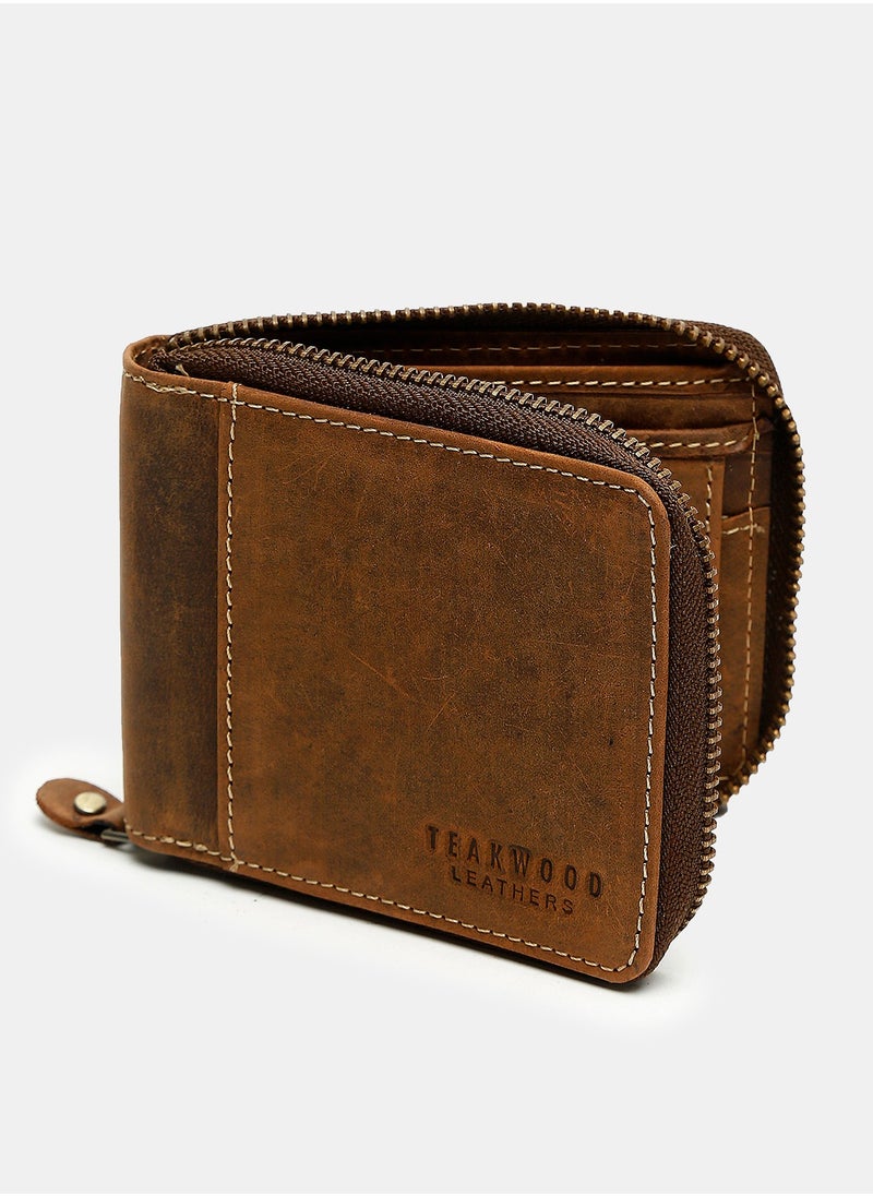 TEAKWOOD Genuine Leather RFID Solid Zip Around Brown Wallet for Men  - Image 3