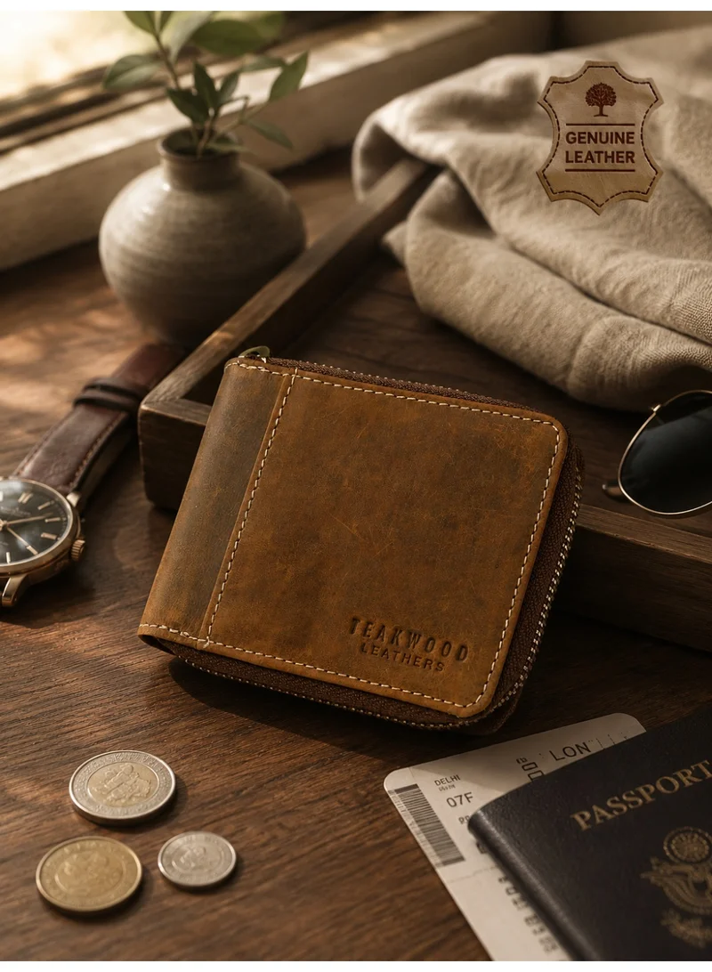 TEAKWOOD Teakwood Leather Genuine Leather Zip Around Wallet for Men | Brown Wallet | Zipper Closure | Flap Coin Pocket (Non-Detachable) | 2 Main Compartment | 4 Card Slots | 2 Slip Pocket | Compact Premium Wallet