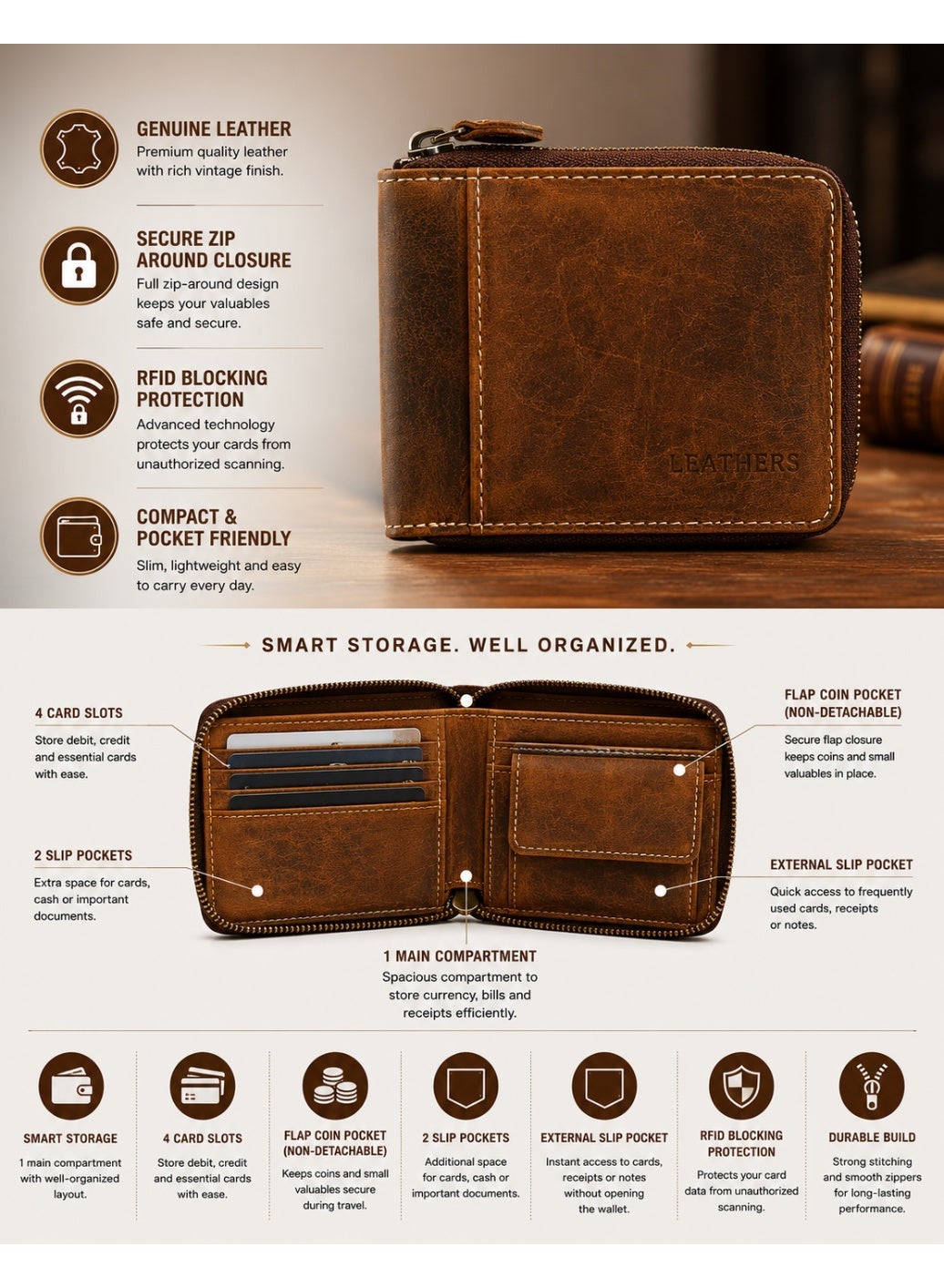 Teakwood brown Teakwood Leather Genuine Leather Zip Around Wallet