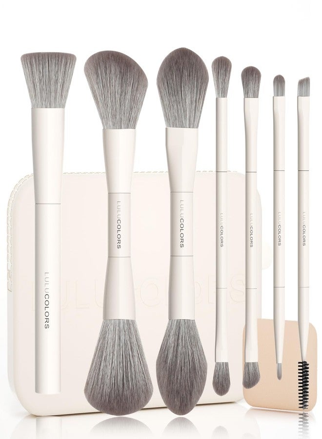 مجموعة فرش مكياج مزدوجة الأطراف من LULUCOLORS مع إسفنجة وحقيبة سفر - 13 نوعًا من الفرش متعددة الوظائف للوجه والعينين - شعيرات ناعمة، مجموعة فرش سهلة الحمل (أبيض كريمي) - Image 1