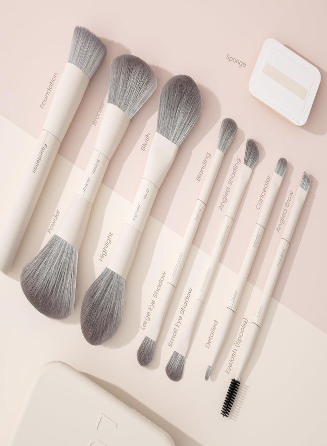 مجموعة فرش مكياج مزدوجة الأطراف من LULUCOLORS مع إسفنجة وحقيبة سفر - 13 نوعًا من الفرش متعددة الوظائف للوجه والعينين - شعيرات ناعمة، مجموعة فرش سهلة الحمل (أبيض كريمي) - Image 3