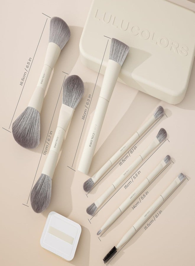 مجموعة فرش مكياج مزدوجة الأطراف من LULUCOLORS مع إسفنجة وحقيبة سفر - 13 نوعًا من الفرش متعددة الوظائف للوجه والعينين - شعيرات ناعمة، مجموعة فرش سهلة الحمل (أبيض كريمي) - Image 4