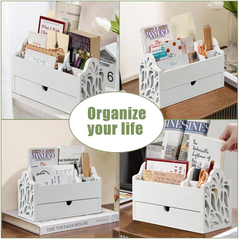 Dhmkfly Desk Organizer with Drawer Wood File Office Mail Organizer Countertop-5 Slot Tabletop Storage Pen Organizer Letter Holder for School Home Office Supplies (White) - Image 4