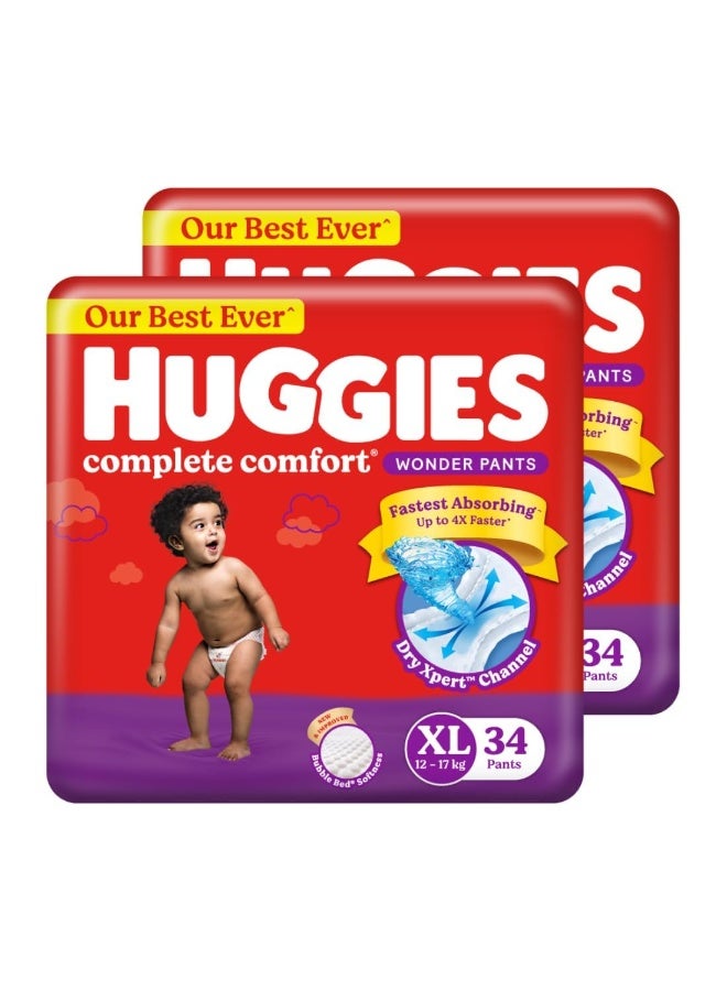 Huggies Complete Comfort Wonder Pants | Pant Style Baby Diapers Extra Large Size (XL), 68 Count | India's Fastest Absorbing Diaper, Prevents Diaper Rash, Ideal for 12 to 17 Kgs (34 Count, Pack of 2) - Image 1