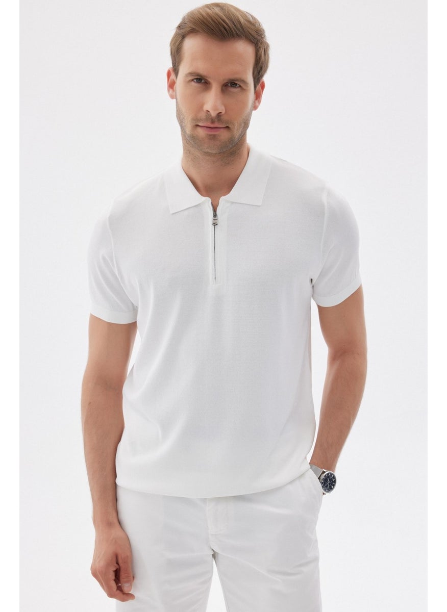 Odelon Limited Men's Plain Zippered Polo Neck Rayon Knitwear T-Shirt Ecru  - Image 1
