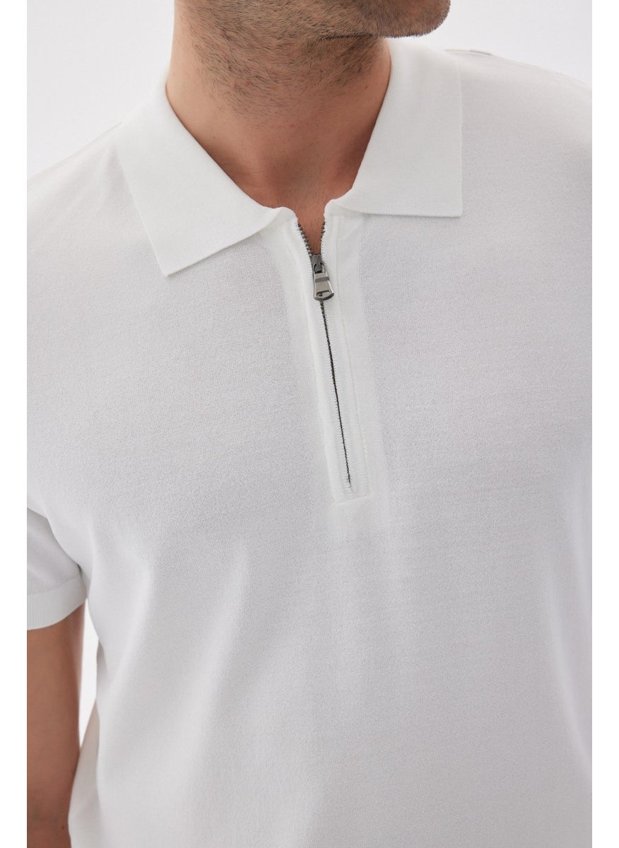 Odelon Limited Men's Plain Zippered Polo Neck Rayon Knitwear T-Shirt Ecru  - Image 3