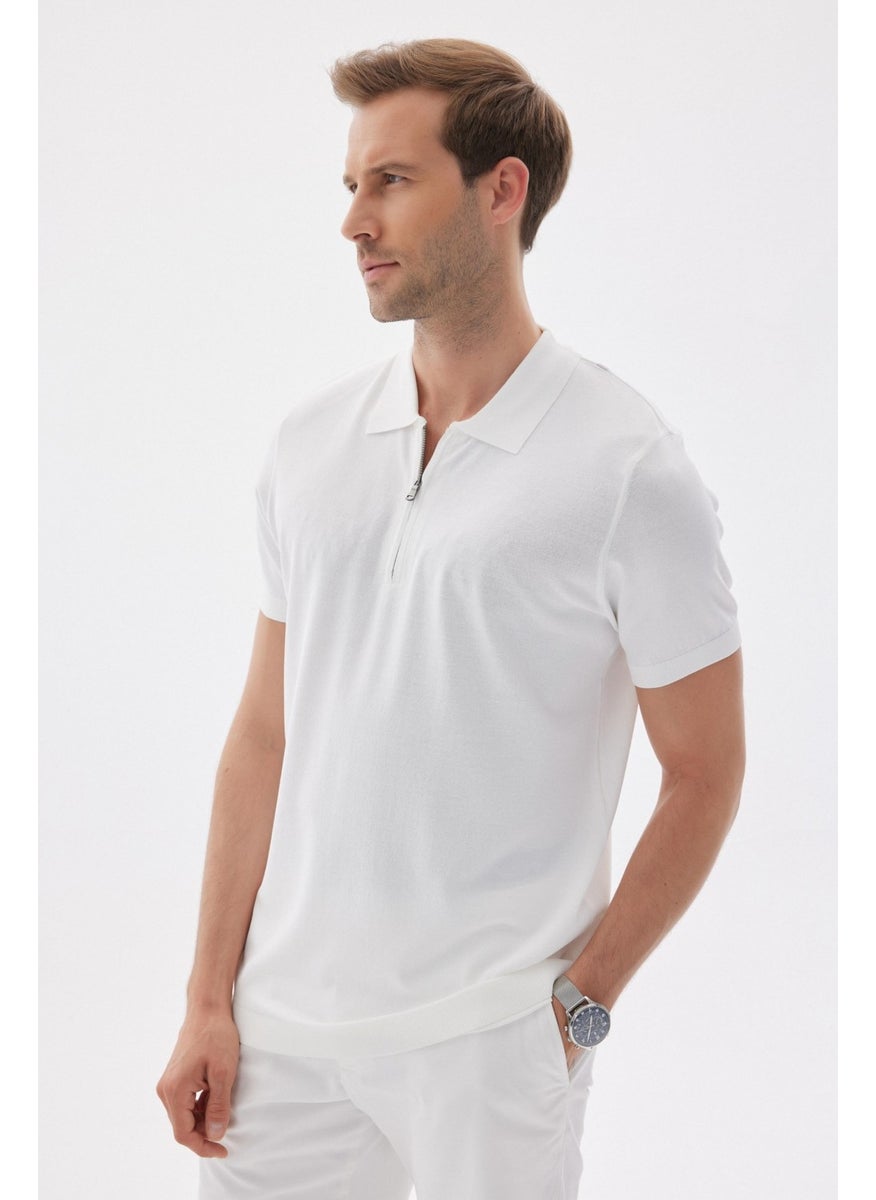 Odelon Limited Men's Plain Zippered Polo Neck Rayon Knitwear T-Shirt Ecru  - Image 2