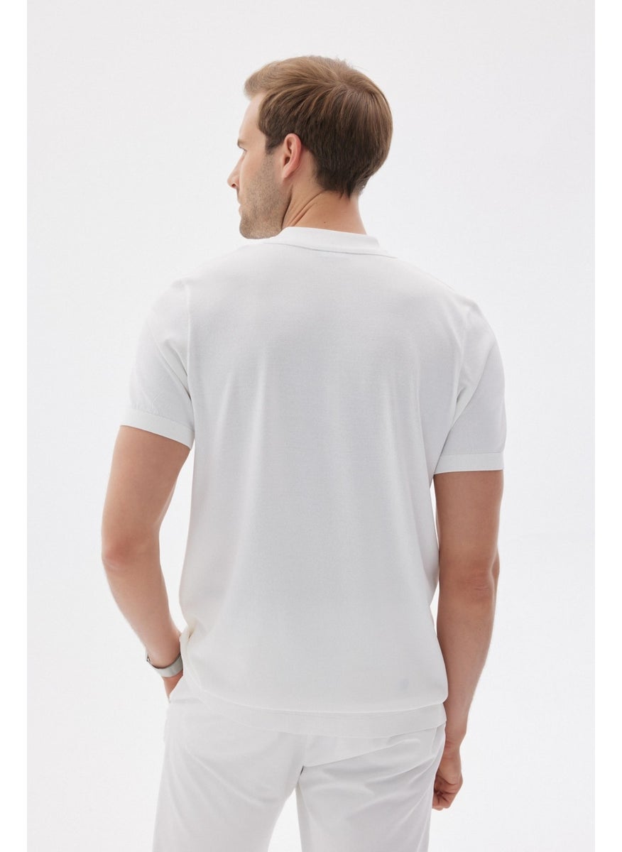 Odelon Limited Men's Plain Zippered Polo Neck Rayon Knitwear T-Shirt Ecru  - Image 4