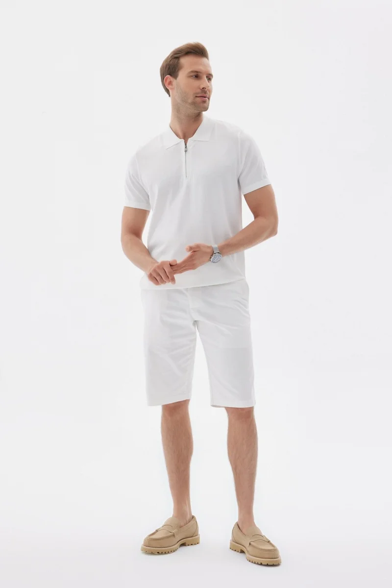 Odelon Limited Men's Plain Zippered Polo Neck Rayon Knitwear T-Shirt Ecru